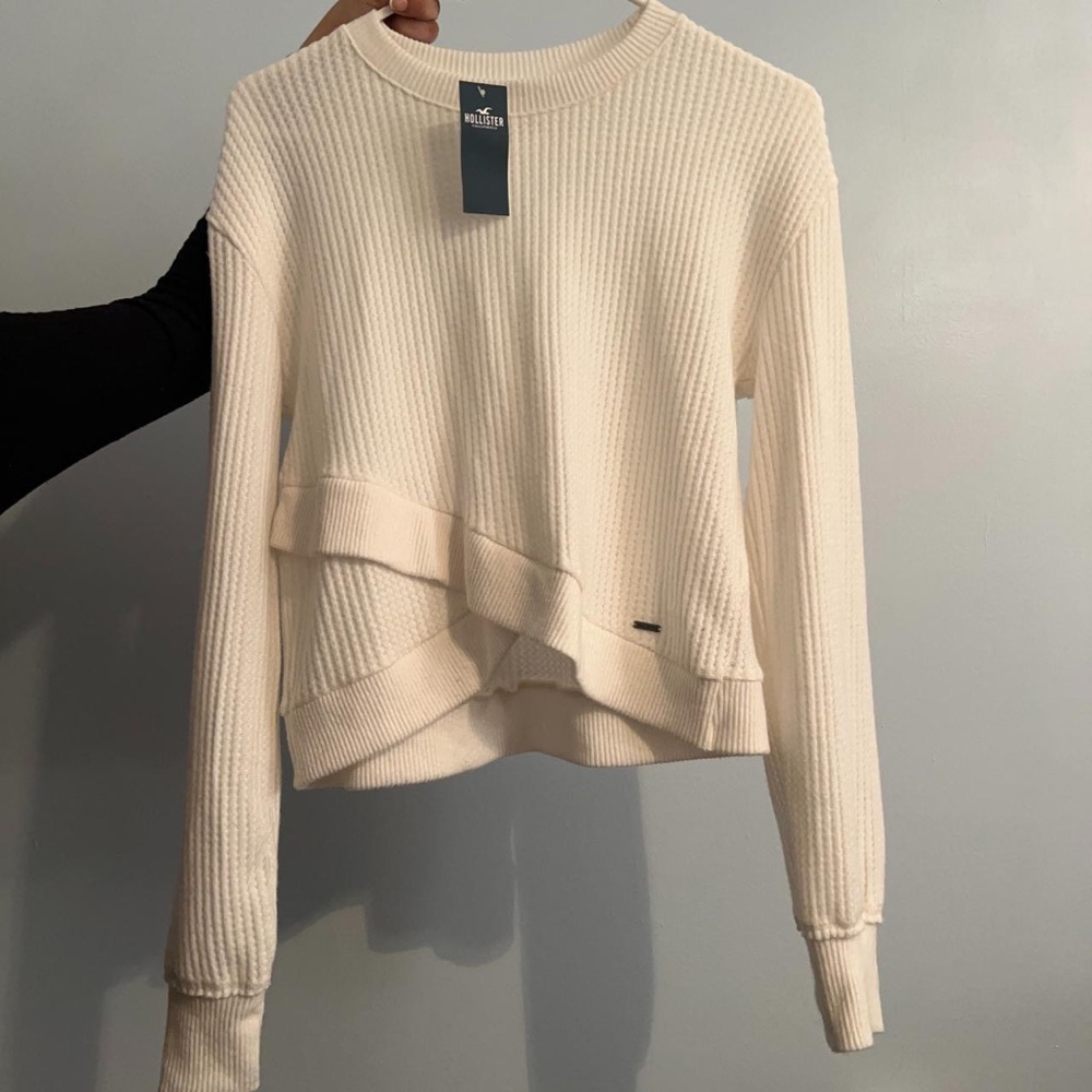 White Waffle Knit Cross-Hem Longsleeve